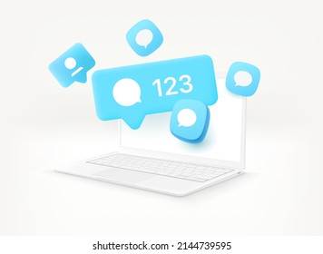 Using social media network communication via modern laptop. 3d vector illustration