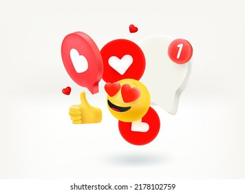 Using social media network communication with emoji and icons. 3d vector illustration