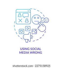 Using social media wrong blue gradient concept icon. Digital marketing mistake. Acquire new consumers abstract idea thin line illustration. Isolated outline drawing. Myriad Pro-Bold font used