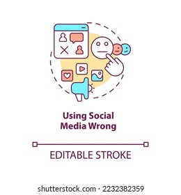 Using social media wrong concept icon. Mistake to avoid when attracting consumers abstract idea thin line illustration. Isolated outline drawing. Editable stroke. Arial, Myriad Pro-Bold fonts used