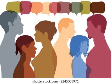 Using social networking to communicate. People conversing with each other. Profile with multiple colours. Vector Illustration. Group of people talking, with speech bubbles in the background. 