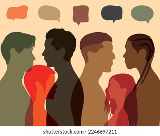 Using social networking to communicate. People conversing with each other. Profile with multiple colours. Vector Illustration. Group of people talking, with speech bubbles in the background.