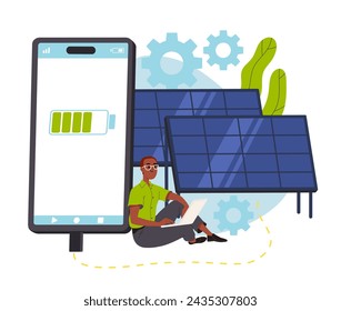 Using solar batteries concept. Man with alternative source of energy and sustainable lifestyle. Eco friendly electricity. Care about environment and ecology. Cartoon flat vector illustration