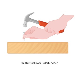 Using steel hammer to hammer a nail in wooden plank vector illustration isolated on white background