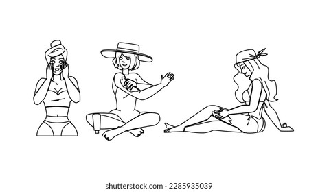 usando vector de loción solar. piel crema, cuidado con protector solar, vacaciones de protección, verano en la playa, bronceado con carácter solar. Ilustración de personas