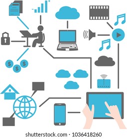 Using tablet for different purposes: social media, time management, work, games, music, entertainment etc... flat design infographic illustration.