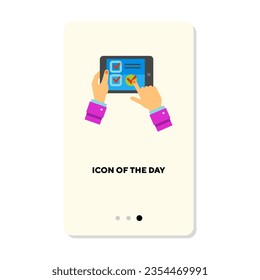 Using tablet flat icon. Digital, screen, touching isolated vector sign. Mobile device and technology concept. Vector illustration symbol elements for web design and apps