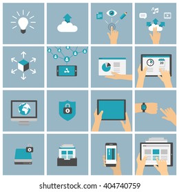 Using tablet, mobile phone and smart devices in different situations - shopping, watching video, working, social networking - set of flat design illustrations 