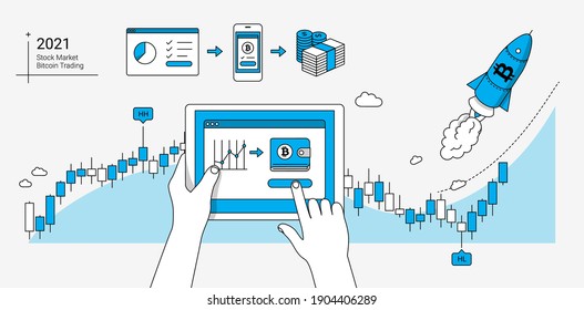 Using tablet for trading bitcoin. Stock market trading platform illustration in linear style. Basic graphics with rocket, candle chart and technical analysis symbols. 