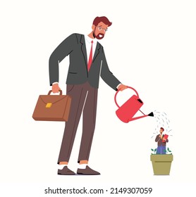 Using Talented Employee Concept, Businessman Boss or HR Manager Watering Talented Staff in Pot, Grow Seedling. Business Characters Career Growth, Training Education. Cartoon People Vector Illustration