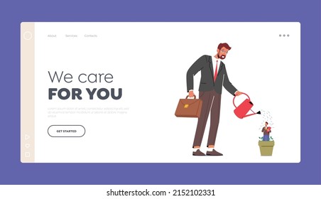 Utilizar plantilla de página de aterrizaje de empleados talentosos. Jefe de negocios o gerente de recursos humanos riego personal talentoso en Pot, Grow Seedling. Crecimiento profesional de los personajes empresariales. Ilustración de vectores de personas de caricatura