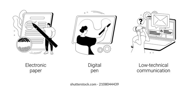 Using technology abstract concept vector illustration set. Electronic paper, digital pen, low-technical communication, electronic library, read e-book, brush stroke, notebook abstract metaphor.