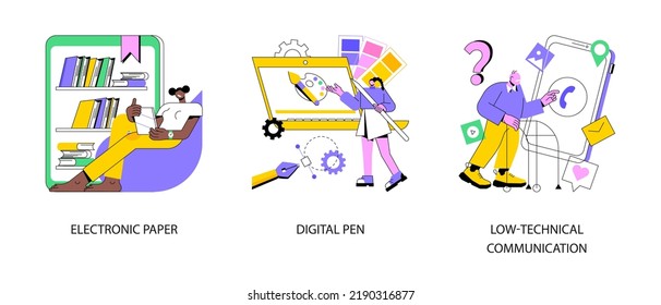 Using technology abstract concept vector illustration set. Electronic paper, digital pen, low-technical communication, electronic library, read e-book, brush stroke, notebook abstract metaphor.