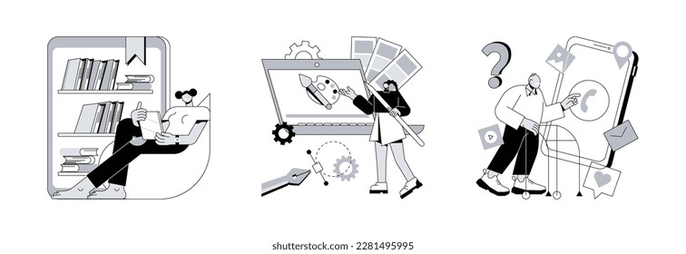 Using technology abstract concept vector illustration set. Electronic paper, digital pen, low-technical communication, electronic library, read e-book, brush stroke, notebook abstract metaphor.