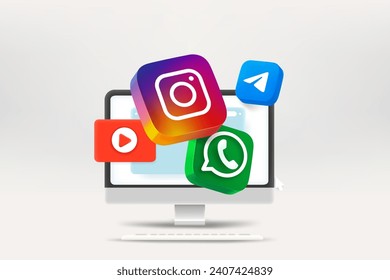 Using telegram, youtube, whatsapp, instagram. Popular social media messaging and buttons on modern monitor. Vector 3d editorial illustration. TURKEY, FETHIYE, December 19, 2023 