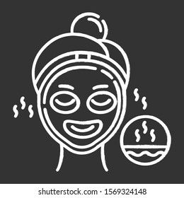 Using thermal mask chalk icon. Skin care procedure. Facial beauty treatment to open up pores. Face product for cleansing effect. Dermatology, cosmetics, makeup. Isolated vector chalkboard illustration
