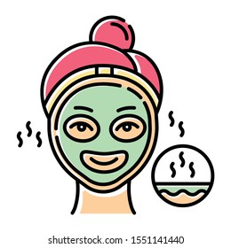 Using thermal mask color icon. Skin care procedure. Facial beauty treatment to open up pores. Face product for cleansing effect. Dermatology, cosmetics, makeup. Isolated vector illustration