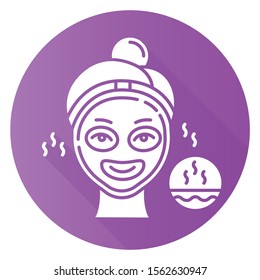 Using thermal mask purple flat design long shadow glyph icon. Skin care procedure. Facial beauty treatment to open up pores. Face product for cleansing effect. Vector silhouette illustration