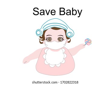 Die Verwendung von Werkzeug zum Zeichnen eines kleinen Babys trägt Maske zur Vorbeugung gegen covid19 und die anderen von Verschmutzung und den Text von speichern Baby auf weißem Hintergrund 