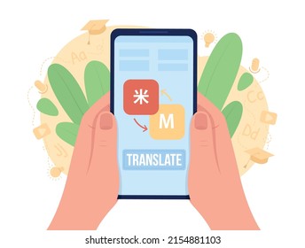 Using translation app 2D vector isolated illustration. Flat first view hand on cartoon background. Colourful scene for mobile, website, presentation. Patrick Hand, Bebas Neue, KozGoPr6N fonts used