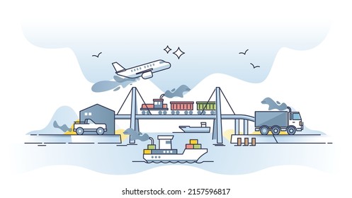 Using transportation and burn fossil fuel with emissions outline concept. CO2 pollution from car, truck, ship and plane usage vector illustration. Urban smog and fumes from exhaust vector illustration - Shutterstock ID 2157596817
