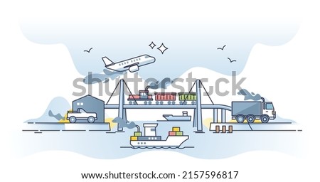 Using transportation and burn fossil fuel with emissions outline concept. CO2 pollution from car, truck, ship and plane usage vector illustration. Urban smog and fumes from exhaust vector illustration