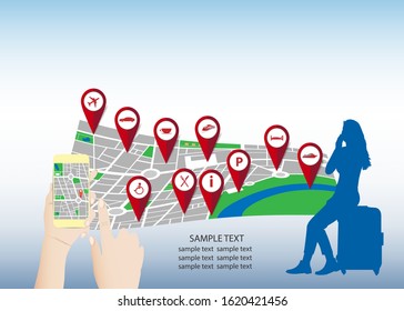 Using travel information apps concept vector showing silhouette of traveling girl sitting on suitcase and looking on map with info pointers. Smart phone with blank city map is in the corner vector. 