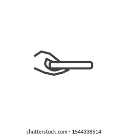 Using tv remote control line icon. linear style sign for mobile concept and web design. Hand with remote control outline vector icon. Symbol, logo illustration. Vector graphics