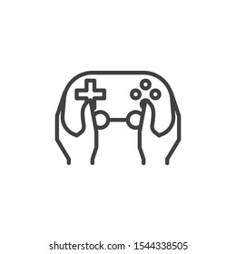 Using video game console line icon. Playing gamepad linear style sign for mobile concept and web design. Hands holding joystick outline vector icon. Symbol, logo illustration. Vector graphics