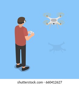 Using virtual reality glasses to control the flight of a drone. Isometric vector illustration.