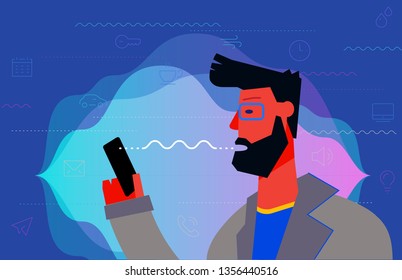 Using voice assistant Concept Banner. Trendy Character Design Illustration