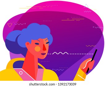 Using voice assistant Concept Banner. Trendy Character Design Illustration