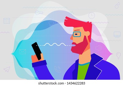Using voice assistant Concept Banner. Trendy Character Design Illustration

