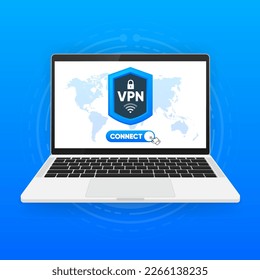 Using VPN on device. Protecting personal data with VPN service. Private network, cyber security, secure web traffic, data protection. Vector illustration.