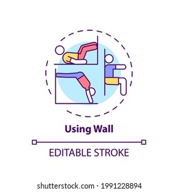 Usando el icono de concepto de pared. Ejercicio de gimnasia idea alternativa ilustración de línea delgada. Fortaleza de construcción, resistencia. Mejora de los músculos abdominales. Dibujo de color RGB con contorno aislado del vector. Trazo editable