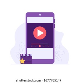 Using and watching streaming service with mobile phone. Streaming cinema concept. Concept of video marketing, online cinema. Vector illustration for UI, web banner, mobile app