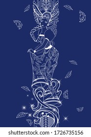 Usando las olas del océano, el cisne se convierte en una hermosa princesa. Ilustración del libro sobre la historia de Pushkin del Zar Saltan, Rusia