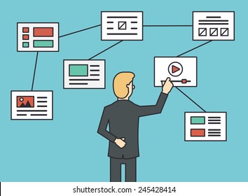 Using Website Flowchart Sitemap Connecting, Working Algorithm And Navigation Site Structure. Flat Line Style - Vector Illustration