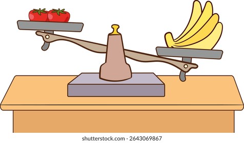 using a weighing scale to balance different objects.Example of heavy and light concepts