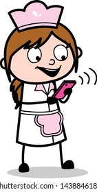 Using Wi-fi On Mobile - Retro Cartoon Waitress Female Chef Vector Illustration