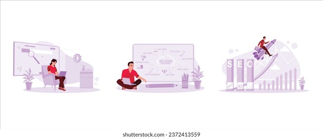 Using window search info. Web Design and Development Chart. SEO Search Engine Optimization. Web design concept. Set Trend Modern vector flat illustration