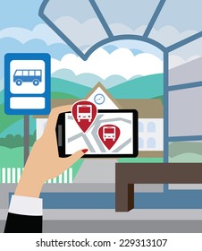 Usando tu smartphone, con mapas y aplicaciones modernos están donde ahora se puede viajar en autobús. Ilustración vectorial moderna, concepto plano