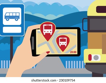 Using your smartphone, with modern maps and applications are where now rides the bus. Modern vector illustration, flat-concept