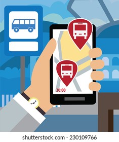 Using your smartphone, with modern maps and applications are where now rides the bus. Modern vector illustration, flat-concept