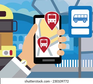 Using your smartphone, with modern maps and applications are where now rides the bus. Modern vector illustration, flat-concept
