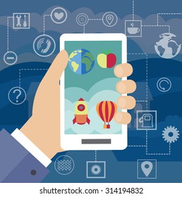 Using your smartphone, with modern maps and applications. 
Modern vector illustration, flat-concept