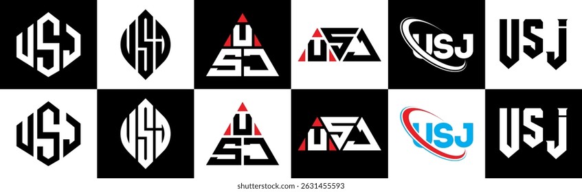 USJ letter logo design in six style. USJ polygon, circle, triangle, hexagon, flat and simple style with black and white color variation letter logo set in one artboard. USJ minimalist and classic logo