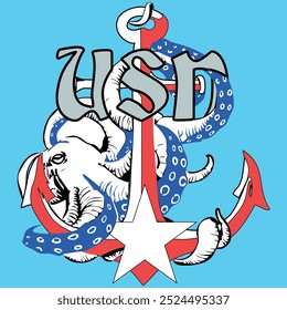 USN typography with white and blue octopus. red and white anchor illustration with octopus around it. white star with red anchor logo. american celebration and freedom activities  