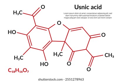 Usnic acid molecular structure formula, suitable for education or chemistry science content. Vector illustration