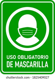 Uso Obligatorio de Mascarilla ("Face Masks Required" in Spanish) Vertical Sign against the Spread of Coronavirus Covid-19, with an Aspect Ratio of 3:4 and Rounded Corners. Vector Image.